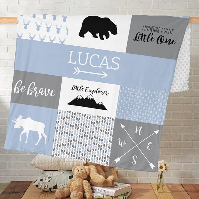 Personalized Baby Blanket, Woodland Baby Blankets for Boys, Super Soft Nursery Blankets with Cotton Front and Dotted Fleece Backing, Printed Bed Throws Newborn, Ashley Blue