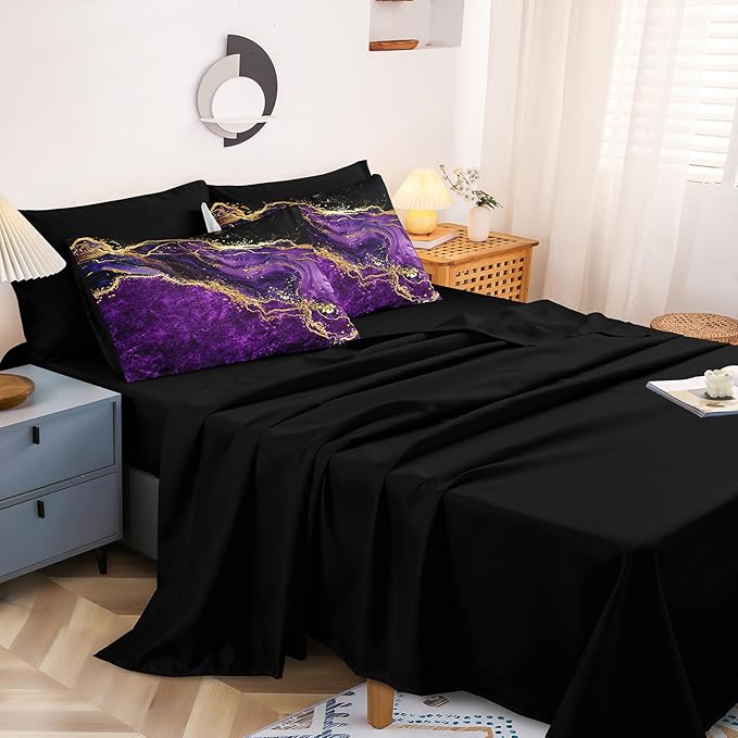 Black Gold Comforter Set - 6 Pcs Purple Marble Bedding Set Twin Size Bed in A Bag - Stone Texture Abstract Room Decor - Purple and Black