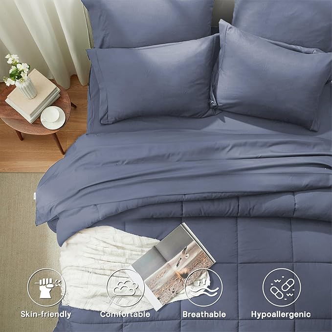 Anluoer California King Size Bed in a Bag 7 Pieces,Grayish Blue Cal King Comforter Set with Sheets,All Season Bedding Sets with Comforter,Pillow Shams,Pillowcases,Flat Sheet,Fitted Sheet