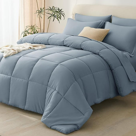CozyLux Queen Comforter Set Grayish Blue, 7 Pieces Bed in a Bag Queen, All Season Breathable Bedding Sets,Oeko-Tex Certified Bed Set with Down Alternative Comforter, Sheets, Pillowcases & Pillow shams