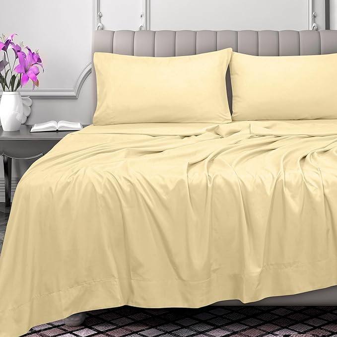 Royale Linens 300 Thread Count 100% Long Staple Combed Cotton Flat Sheet - Super Soft - Top Sheets - Full Flat Sheet Sold Separately - Breathable, Cool & Crisp Percale Sheets Only (Full, Light Yellow)