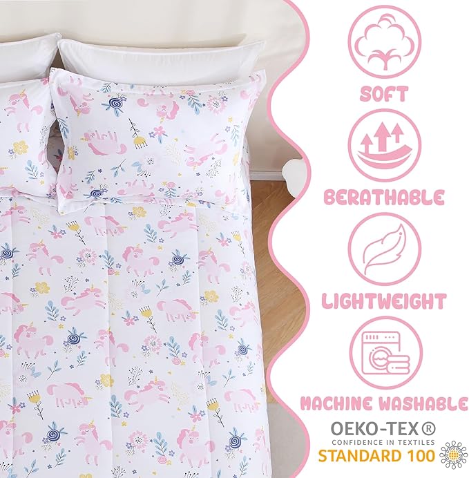 Yibeizi Pink Unicorn Comforter Set for Girls Full Size, Kids Boho Floral Printed Bedding Set with Pillow Sham, Cute Lightweight Soft Breathable Machine Washable Quilted Bed Comforter Set 3 Piece