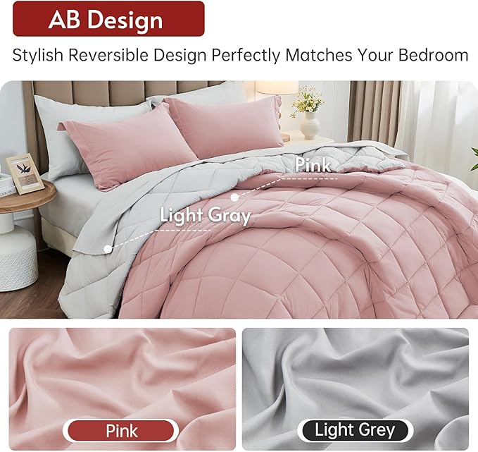 MUXHOMO 5 Pieces Twin Comforter Set, Reversible Bed in a Bag Twin Size, All Season Bedding Set with Comforter, Flat Sheet, Fitted Sheet, Pillowcases & Shams, Pink & Light Grey