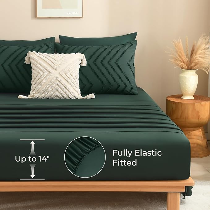 Litanika King Size Comforter Set with Sheets Dark Emerald Green - 7 Pieces Bed in a Bag King Chevron Tufted Complete Bedding Sets with Comforter, Sheets, Pillowcases & Shams
