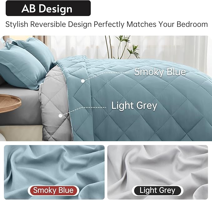 MUXHOMO 5 Pieces Twin XL Comforter Set, Reversible Bed in a Bag Twin XL Size, All Season Bedding Set with Comforter, Flat Sheet, Fitted Sheet, Pillowcases & Shams, Greyish Blue & Light Grey