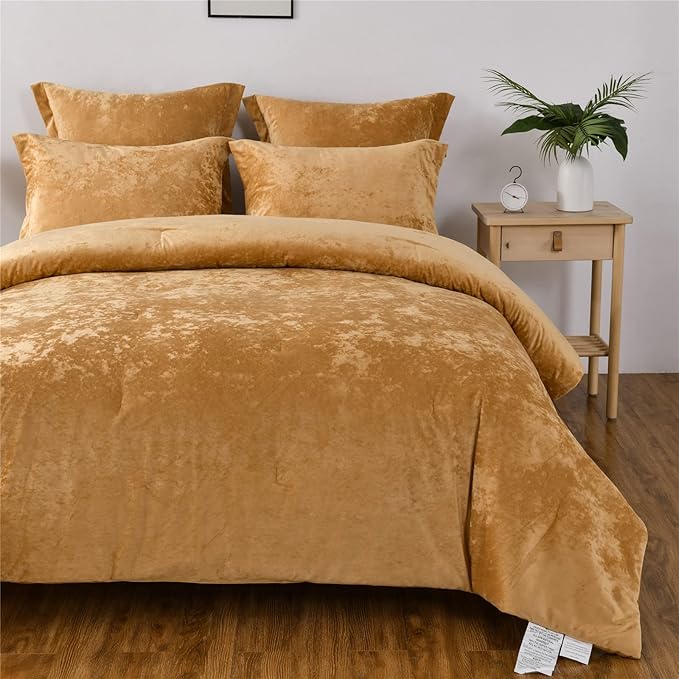 Sunshine Nicole Distressed Velvet Comforter Set, Distressed Velvet Face and Brushed Solid Microfiber Reverse, with Light Weight Soft Poly Fill, 5 Pieces Deco Gold, King