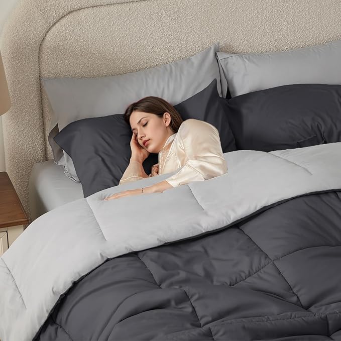 Anluoer Queen Comforter Set 7 Piece, Grey Bed in a Bag with Sheets, Comforters Queen Size Bedding Sets with 1 Comforter, 2 Pillow Shams, 2 Pillowcases, 1 Flat Sheet,1 Fitted Sheet
