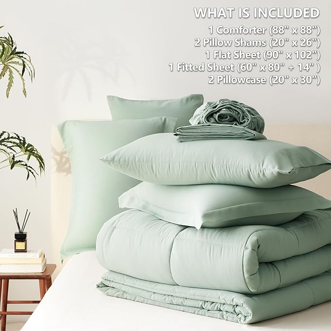 CozyLux Queen Comforter Set Sage Green - 7 Pieces Bed in a Bag Queen, All Season Breathable Bedding Sets, Oeko-Tex Certified Bed Set with Down Alternative Comforter, Sheets, Pillowcases & Pillow shams