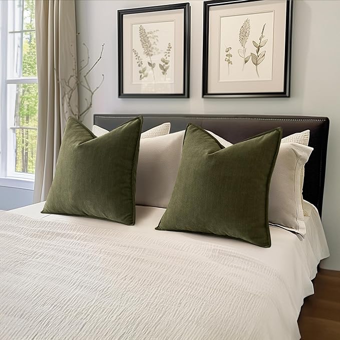 MIULEE Pack of 2 Olive Green Decorative Pillow Covers 26x26 Inch Soft Chenille Luxurious Couch Throw Pillows Boho Cushion Covers Euro Shams with Elegant Design for Sofa Bed Living Room Home Decor