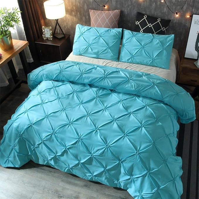 Feelyou Queen Duvet Cover Set Pinch Pleated Bedding Sets Aqua Blue Microfiber Polyester Pintuck Tufted Comforter Cover with 2 Pillow Shams Luxury Solid Geometric, 3 Pieces