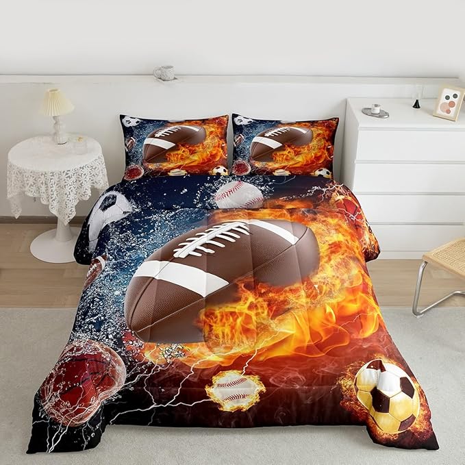 Erosebridal Football Comforter Twin Rugby Sports Bedding Set for Teen Boys Girls Kids,Soccer Basketball Baseball Comforter Red Blue Water Fire Lightning Quilt Duvet Insert Bedroom Decor 1 Pillow Case
