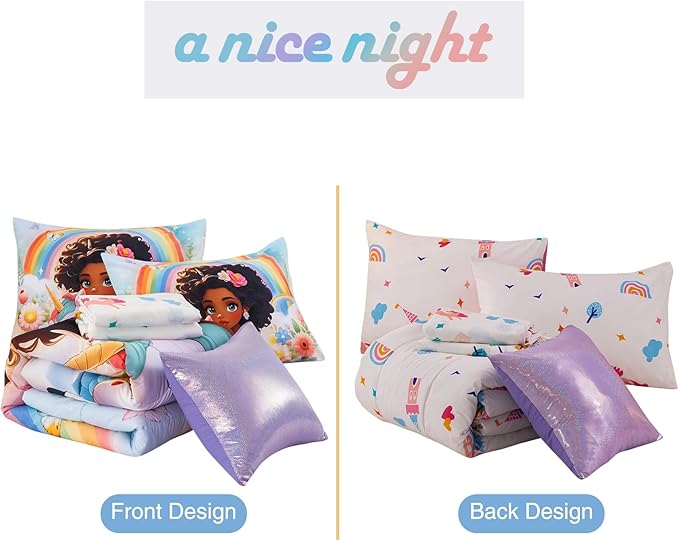 A Nice Night Princess Style Rainbow Unicorn Full Size Comforter Set for Girls - 6 Piece Flower Bedding Sets with Sheets, Breathable and Soft Polyester Fiber, Kids Comforter Set for Teen Girls,Full