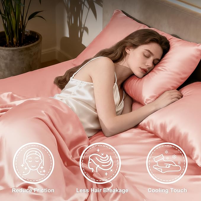 Love's cabin California King Satin Sheet Sets - 4 Piece Coral Silky Sheets Bed Set with Deep Pocket, Luxury Silk Feel Satin Cal King Sheet Set (1 Flat Sheet,1 Fitted Sheet,2 Pillow Cases)