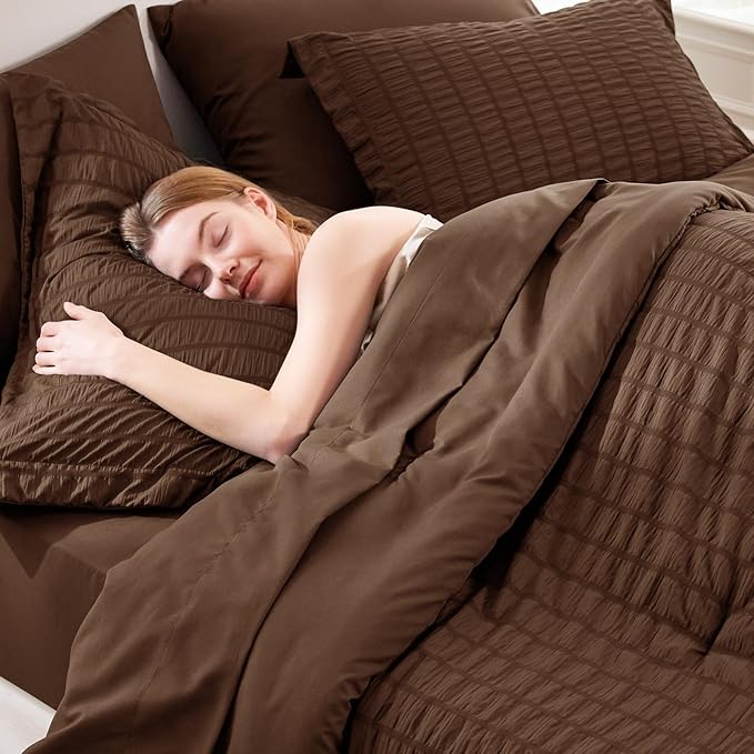 CozyLux Twin Comforter Set with Sheets 5 Pieces, Brown Seersucker Textured Bed in a Bag, Luxury Soft Bedding Set with Down Alternative Comforter, Sheets, Pillowcases & Shams for All Seasons