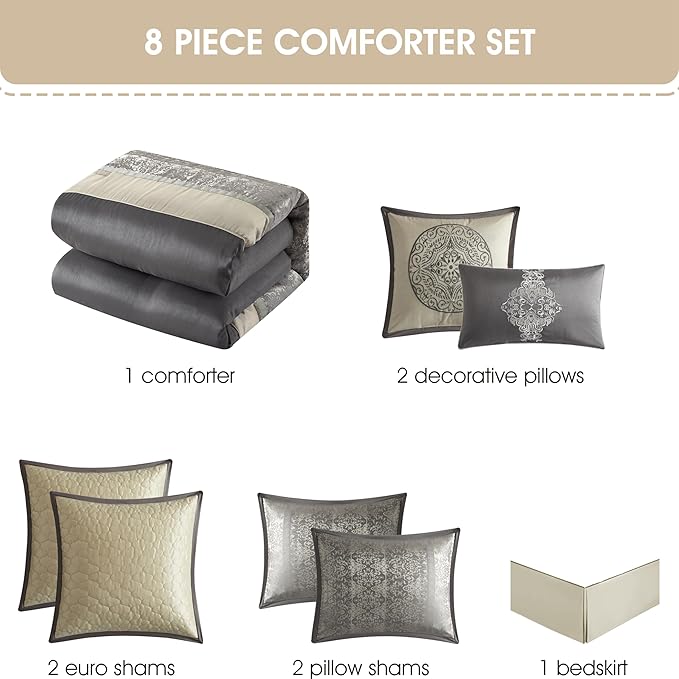 Grand Avenue Silver/Ivory Damask Patchwork King Comforter Set, 8 Piece, Jacquard Pillow Sham, Bedskirt, Decorative Pillow, All Season Bedding Set