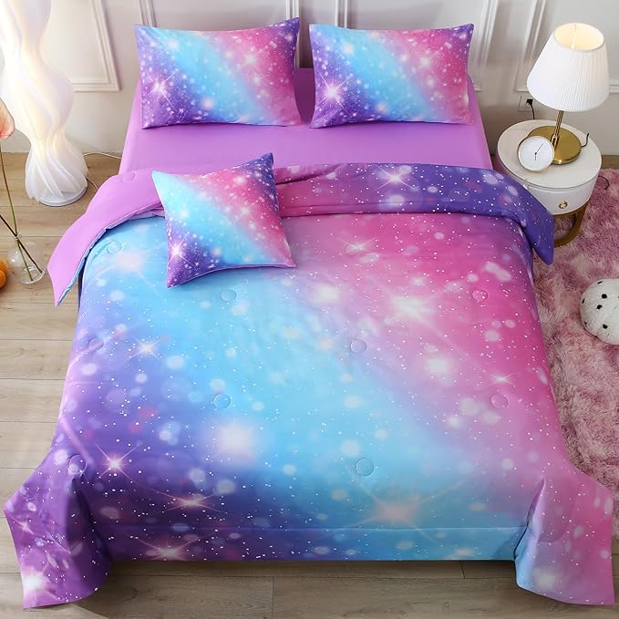 JQinHome Glitter Bedding Set Queen Size,6 Piece Bed in A Bag 3D Colorful Rainbow Galaxy Comforter Set for Girls Kids-All Season Microfiber Tie-Dye Bedding Sets (Blue Purple)