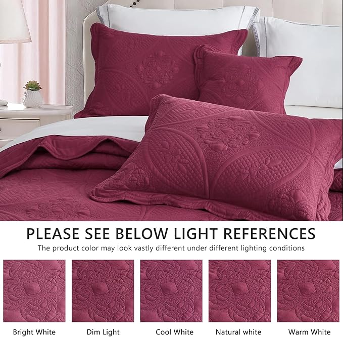 Bedspread - Full Size Bedding Cover - Modern & Contemporary Coverlet Set, Real Stitching, Reversible, Lightweight, 5 Piece, Burgundy