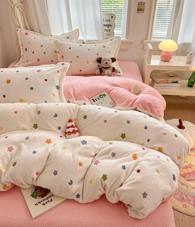 MorroMorn Twin Bedding Sets, Little Twinkle Stars Duvet Cover Set, Fluffy Comforter Covers Blanket Ultra Soft Kawaii Cute Unicorn for Girls Kids Toddler Teen Women Twin/Twin XL Size