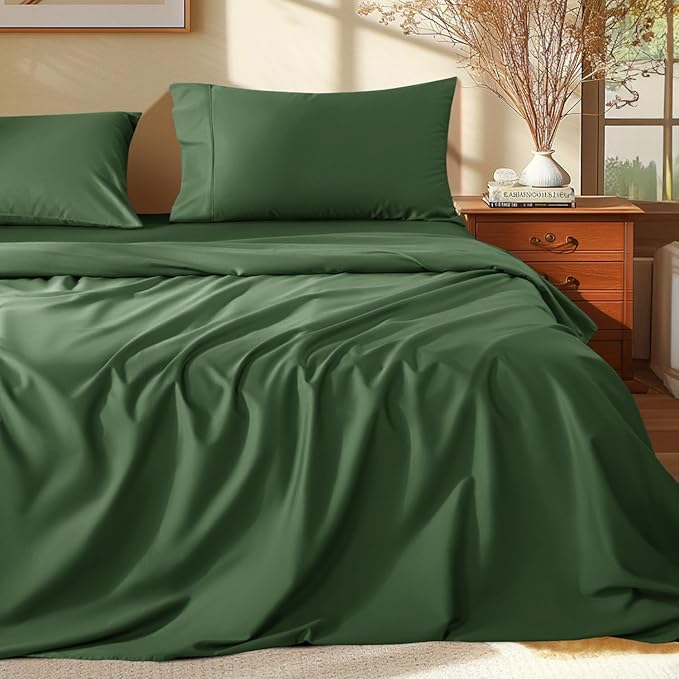Shilucheng 100% Egyptian Cotton King Size Sheets Set - 1000 Thread Count，Luxury Cotton Bed Sheets，Breathable & Cooling Bedding and Pillow Cases, 16 Inch Deep Pocket - 4 Piece(Olive Green,King)