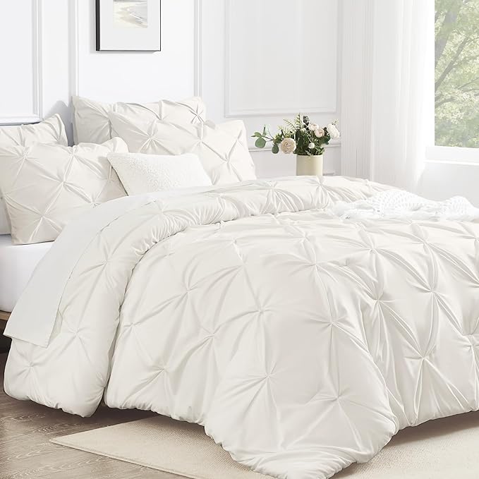 Andency Ivory Pinch Pleat Comforter Full(79x90Inch), 3 Pieces(1 Down Alternative Comforter and 2 Pillowcases) Ivory Bed Set Microfiber Pintuck Bedding Set