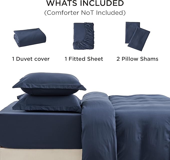 Bedsure Duvet Cover Queen Size with Fitted Sheet - 4 Pieces Prewashed Polyester Extra Soft Bedding Set, Includes 1 Duvet Cover 90x90 Inches with Zipper Closure, 2 Pillow Shams, 1 Fitted Sheet, Navy