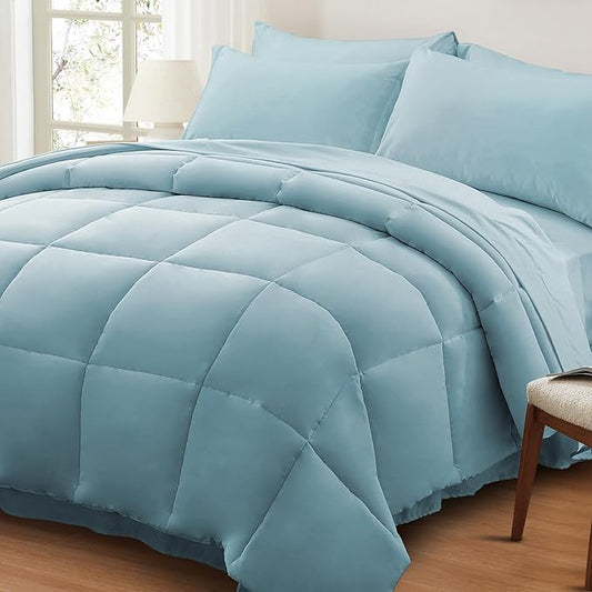 Anluoer Queen Comforter Set 7 Piece, Light Blue Bed in a Bag with Sheets, Comforters Queen Size Bedding Sets with 1 Comforter, 2 Pillow Shams, 2 Pillowcases, 1 Flat Sheet,1 Fitted Sheet