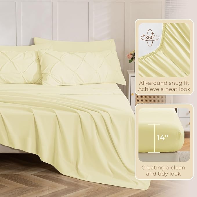 Sasttie Twin Comforter Set, 5-Piece Bed in a Bag, Pintuck Bedding Sets for All Season, Includes Comforter, Flat Sheet, Fitted Sheet, Pillowcase and Pillowsham, Cream Yellow