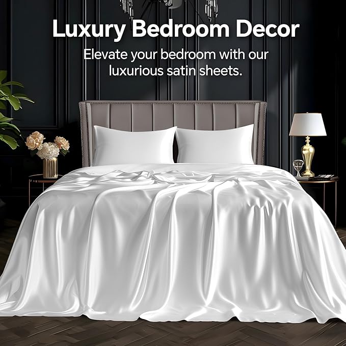 BEDELITE Satin Sheets Twin XL Size Bed Set, Luxury Soft White Silky Sheets for Hair and Skin, Similar to Silk Bed Sheets Set 3 Pieces （1 Deep Pocket Fitted Sheet, 1 Flat Sheet, and 1 Pillowcase）