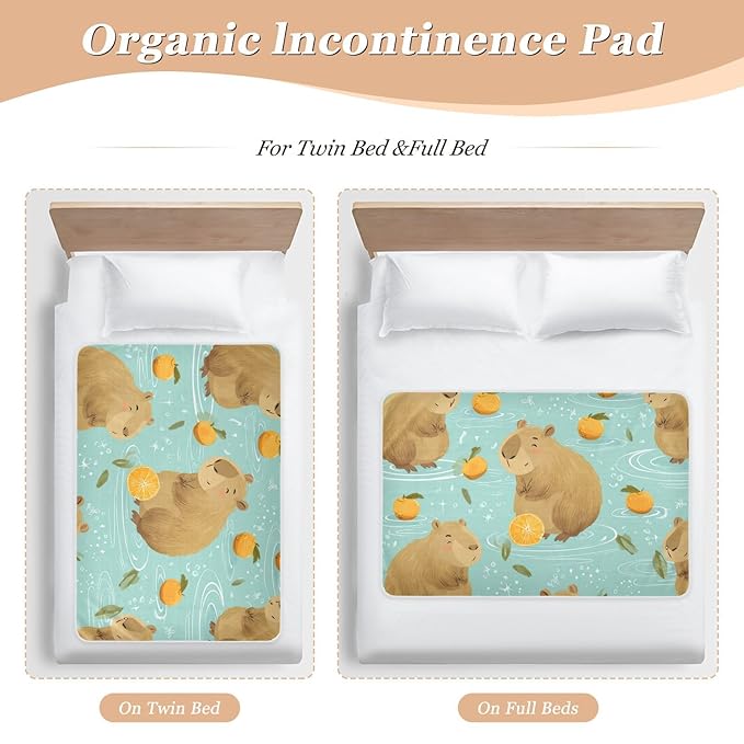 Waterproof Bed Pad Reusable Changing Pad Toddler Mattress Protector Large Pee Pad Baby Diaper Pad Soft Washable Liner Light Blue Capybaras Orange and Water Ripples