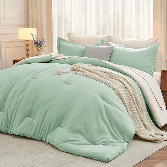 MUXHOMO 7 Pieces Full Comforter Set, Soft Bed in a Bag Full Size, All Season Bedding Set with Comforter, Flat Sheet, Fitted Sheet, Pillowcases & Shams, Sage Green & Beige