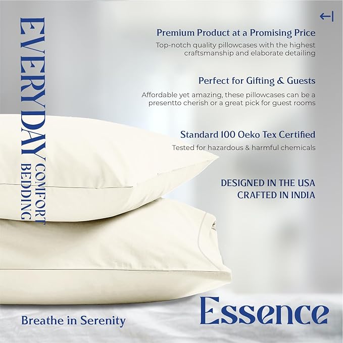 Mayfair Linen 100% Organic Cotton King Size Pillow Cases Set of 2 - Ultra Soft Hotel Quality King Pillow Covers, Authentic GOTS Certified, Crisp, Cooling Percale Weave Cotton Pillowcases - Ivory