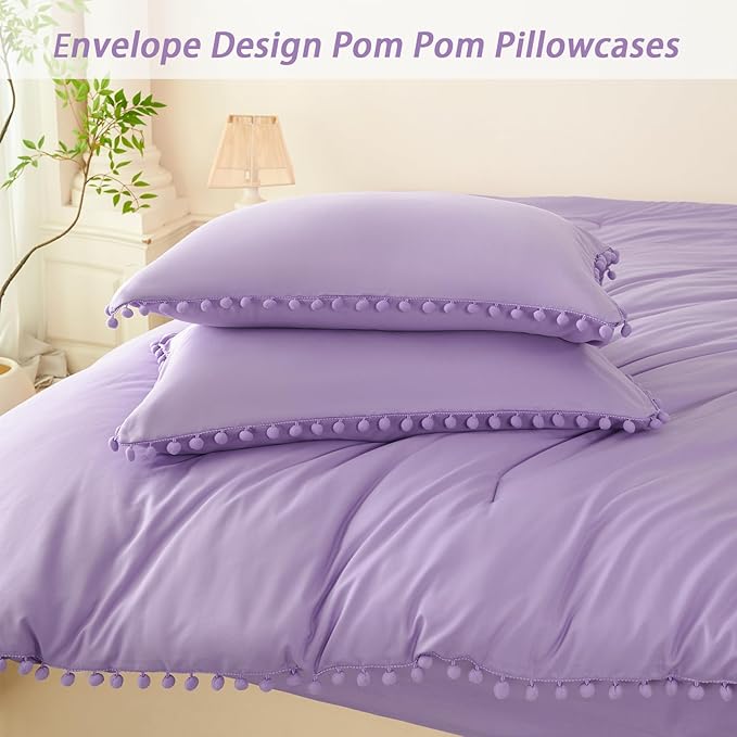 PERFEMET Light Purple Comforter Set for Girls Twin Size 5 Pieces Boho Pom Pom Bed in a Bag with Sheet Soft Fluffy Farmhouse Bedding Sets Cozy Microfiber Solid Bed Set for Kids Teen(Light Purple, Twin)