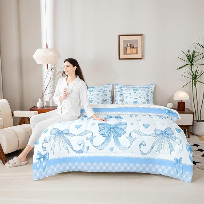 Feelyou Bowknot King Comforter Set with Sheets for Kids Boys Girls Dreamy Princess 7 Pieces Bedding Set Cute Bow Bed in a Bag Love Hearts Room Decor Soft Lightweight Microfiber