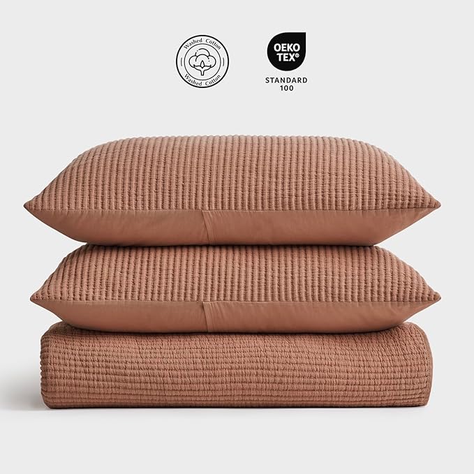 EVERGRACEHOME Cotton Coverlet Set Full Queen Size 3 Pieces, Lightweight Soft Ribbed Matelassé Bedspread Quilt Set, Cozy Oversized Quilted Bedding Set with 2 Pillow Shams for All Seasons, Clay