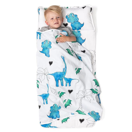 JumpOff Jo Nap Mat for Kids - Cozy Kids Rest Mat with Removable Pillow and Ultra Soft Blanket for Preschool, Daycare, and Sleepovers - Blue Dino