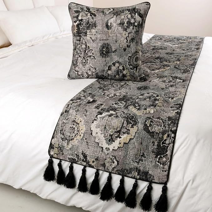 The HomeCentric Decorative Black & Grey Full 68 x 18 inch Bed Runner with Pillow Cover Set, Velvet Damask with Tassels Bed Scarf, Abstract Modern - Paved Damask