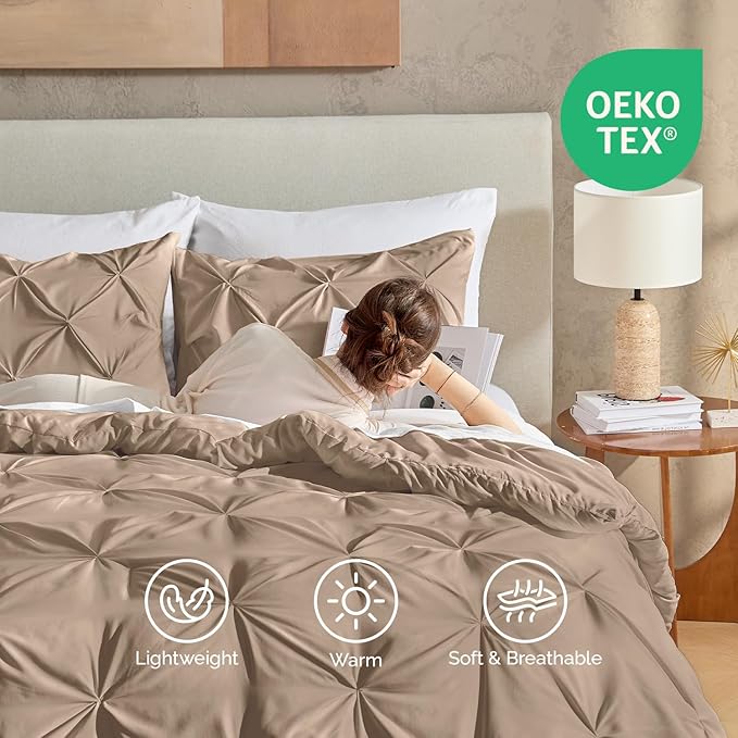 Andency Taupe Comforter Twin(66x90Inch), 2 Pieces(1 Pintuck Comforter, 1 Pillowcase) Microfiber Pinch Pleat Comforter Set Twin Size, Lightweight and Soft Bedding Comforter Set