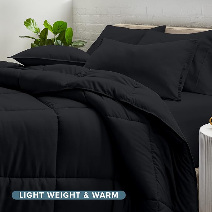 Bare Home Bed-in-A-Bag 5 Piece Comforter & Sheet Set - Twin XL - Goose Down Alternative - Ultra-Soft 1800 Premium Bed Set (Twin XL, Black/Black)