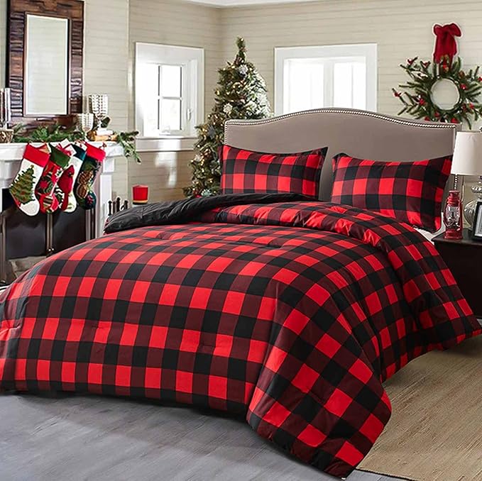 Nanko Merry Christmas Queen Size Duvet Cover, Red and Black Grid Plaid Buffalo Check Pattern Print Microfiber Comforter Cover Set, New Year Modern Bedding Sets for Women Men, 3Pcs 90x 90 in