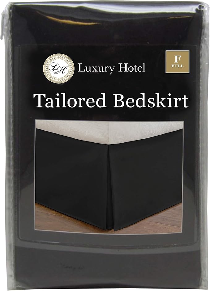 Luxury Hotel Tailored Bed Skirt, Box Pleats, 14 Inch Drop, Full, Black