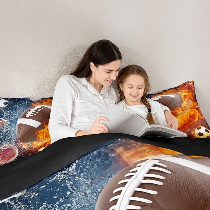 Erosebridal Football Comforter Set King Rugby Sports Bedding Set for Teen Boys Kids,Soccer Basketball Baseball Comforter Red Blue Water Fire Lightning Quilt Duvet Insert Bedroom Decor 2 Pillow Cases