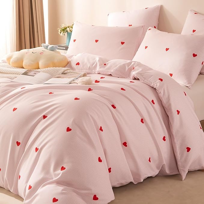 Nayoroom Full Size Cute Red Heart Pink Striped Duvet Cover Set with Zipper Closure Soft Breathable Microfiber 3Pcs Kids Girls Kawaii Heart-Shaped Comforter Cover
