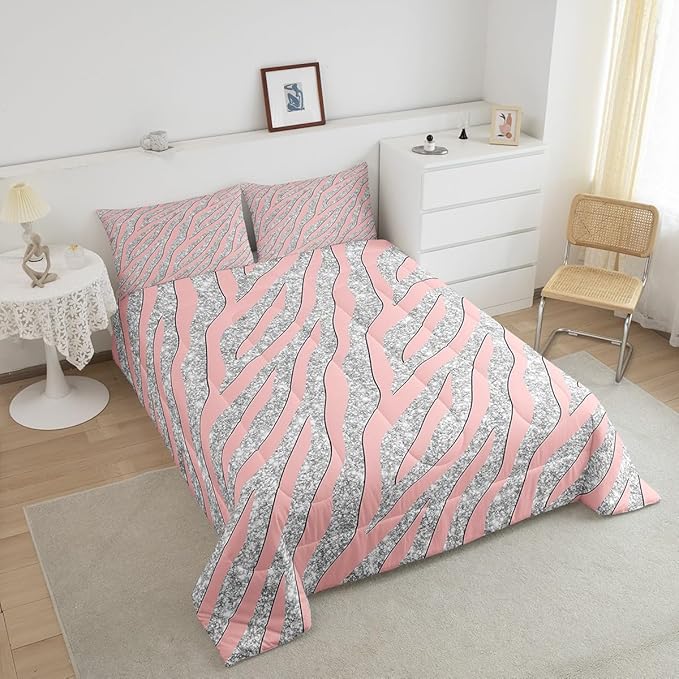 Women Leopard Bedding Set Girls Pink Silver Leopard Print Comforter Set for Kids Boys Teens Glitter Zebra Print Comforter Safari Animal Print Quilt Set Room Decor Duvet Set for All Season Twin Size