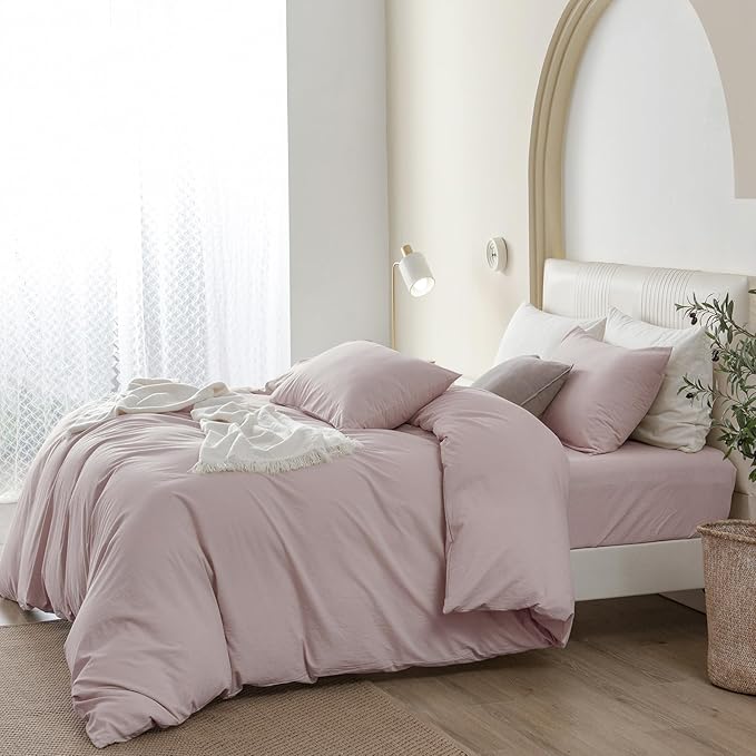 JIYUAN 100% Washed Cotton Duvet Cover Set King Size, Linen Feel Soft Breathable Bedding Set with Zipper Closure, 104x90 Duvet Cover (Comforter Not Included) & 2 Pillowcases, Heathered Greyish Pink