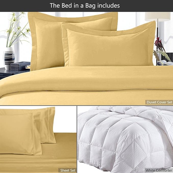 8 Pieces 100% Cotton Solid Gold King Goose Down Bed in a Bag Set Including 600TC Sheet Set + 600TC Duvet Cover Set+ All Season Striped Goose Down Comforter 600 Fill Power