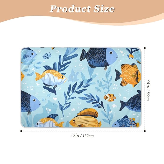 Waterproof Bed Pad Reusable Changing Pad Toddler Mattress Protector Large Pee Pad Baby Diaper Pad Soft Washable Liner Light Blue Fish Seaweed and Bubbles