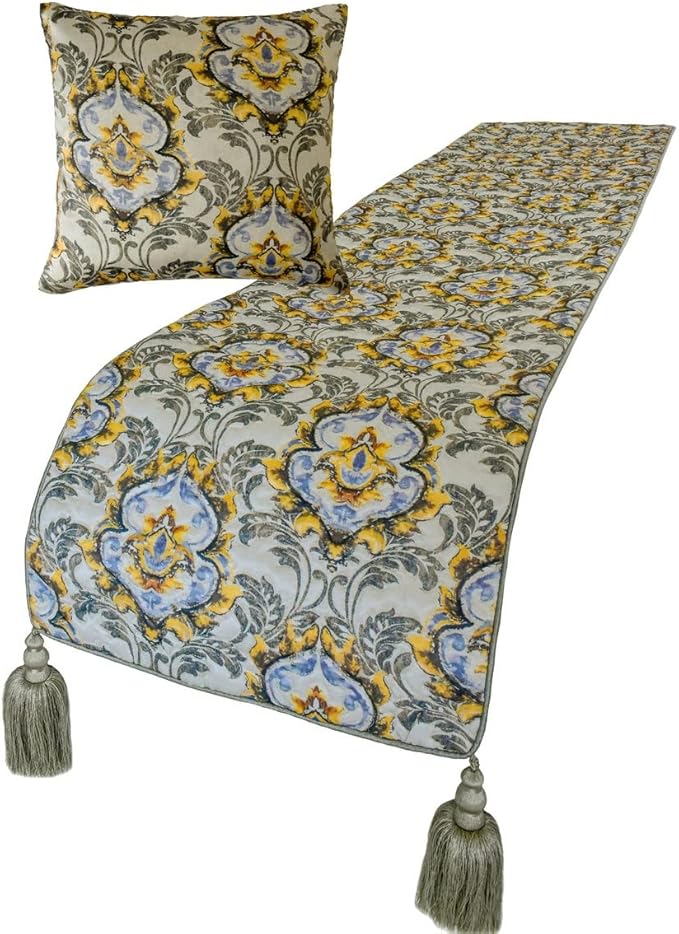The HomeCentric King/Queen/Twin Grey Decorative Full 68"x18" Bed Runner with 2 Pillow Cover, Quilted, Damask & Tassels Bed Scarf on Jacquard Fabric - Damask Blaze