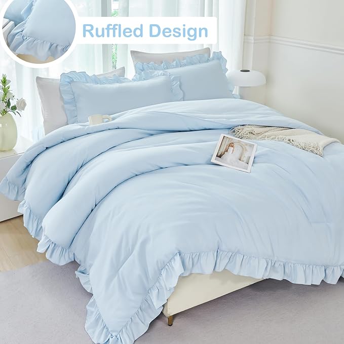 ANGIYUIN 5 Pieces Light Blue Full Bed in A Bag for Kids Girls Ruffle Bedding Sets Boho Comforter Set Vintage Farmhouse Bedding Comforter Sets with Sheets(Light Blue Full)