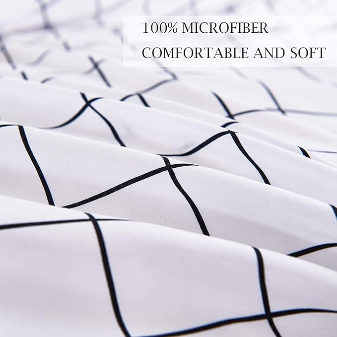 Twin Size Duvet Cover Set, White Plaid Microfiber Down Quilt Bedding Cover with Zip Ties, Farmhouse for Women Men Boys Girls Teen , 2 Piece - 68x90 inch XL Extra Long, College Dorm Grid Bed Sets