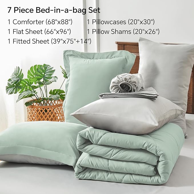 BEDELITE Twin Comforter Set 5 Pieces Bed in A Bag - Soft Microfiber Reversible Sage Green Bed Set with Comforters, Sheets, Pillowcase & Sham, Cozy Luxury Bedding Sets for All Season
